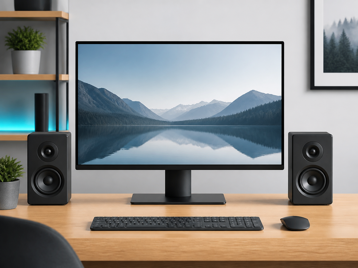 Compact desktop speakers beside a monitor