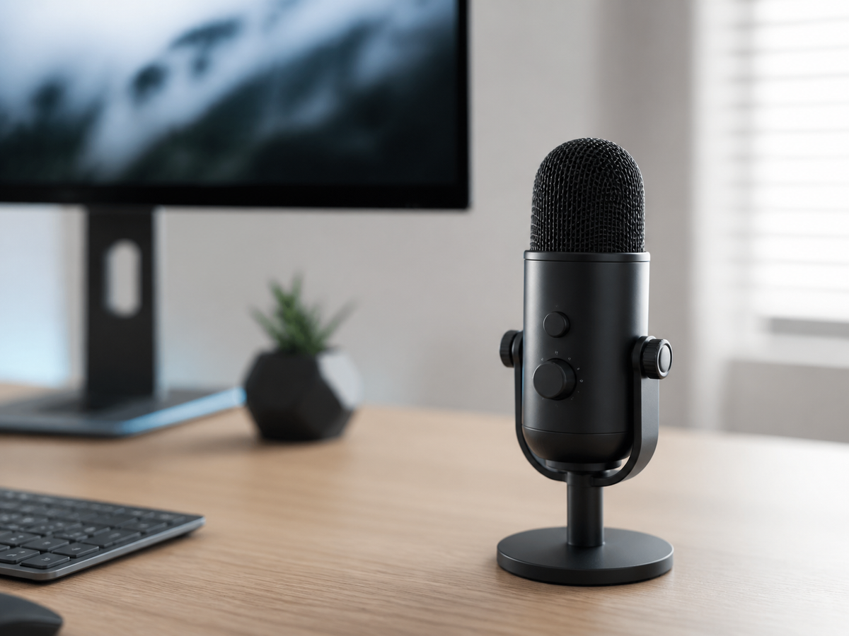 USB microphone in a modern creator workspace
