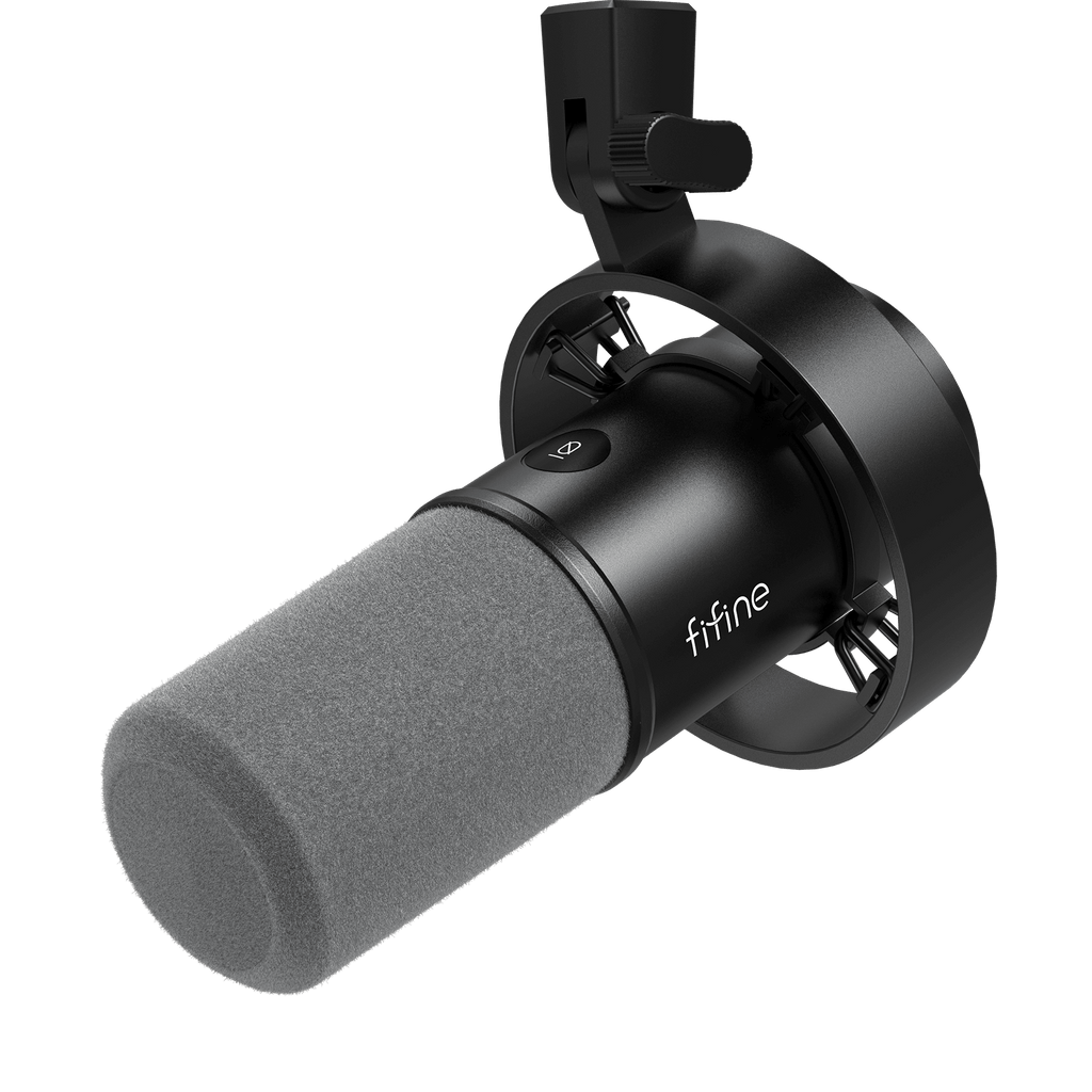 Black FIFINE K688 USB/XLR dynamic microphone in its round shock mount