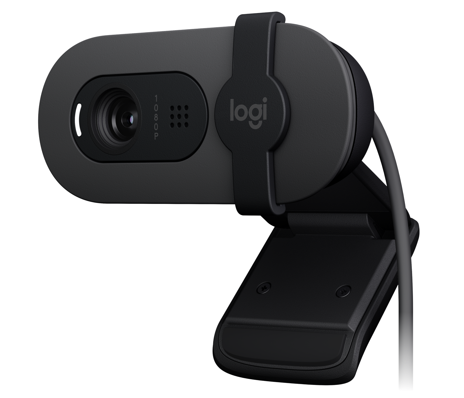 Graphite Logitech BRIO 100 Full HD webcam with its privacy shutter visible