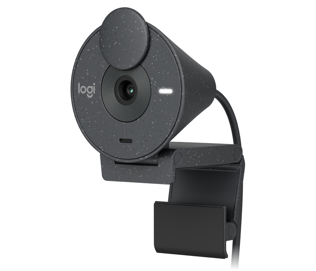 Graphite Logitech BRIO 300 1080p webcam mounted on a monitor with shutter visible