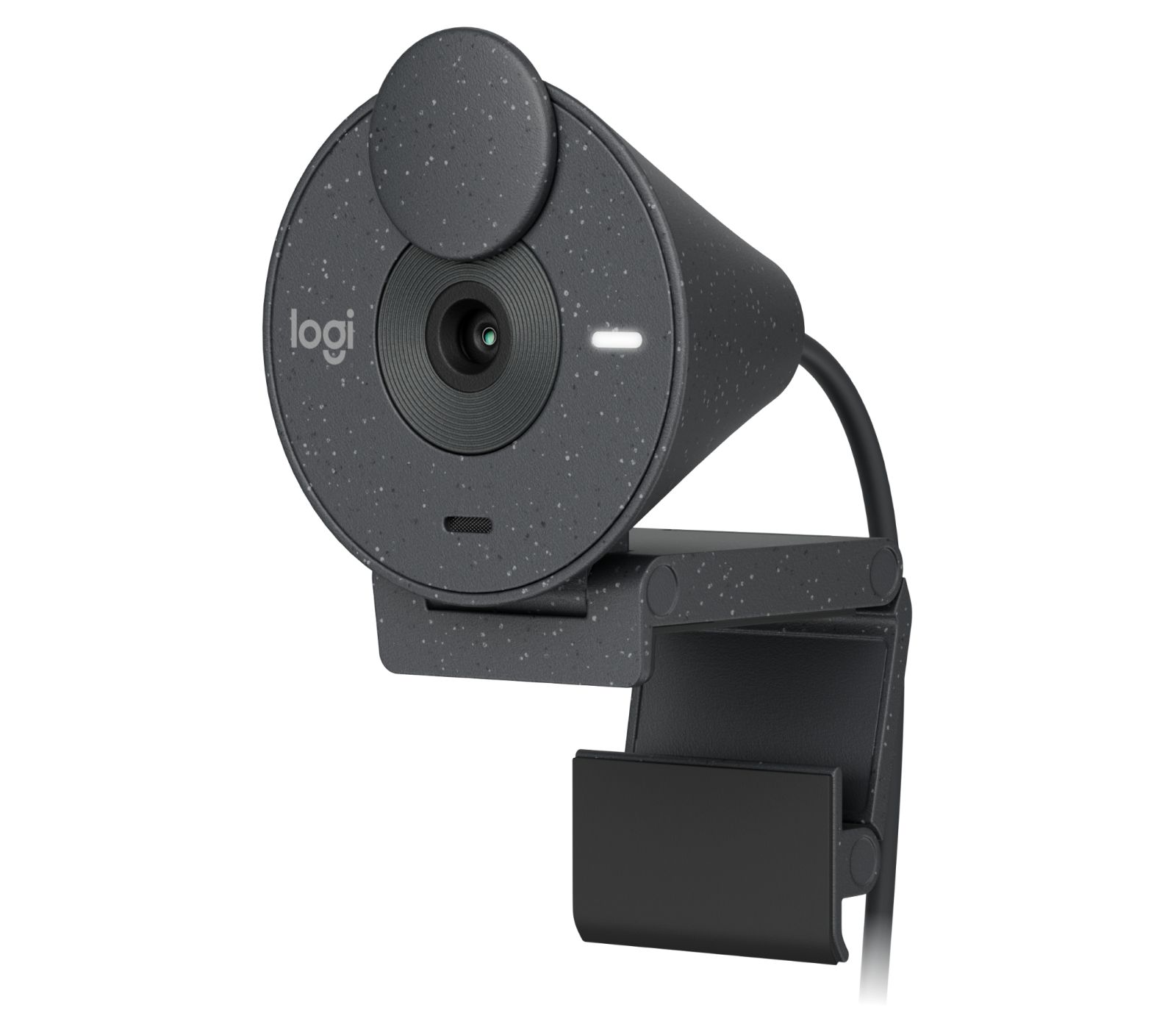 Graphite Logitech BRIO 300 1080p webcam mounted on a monitor with shutter visible