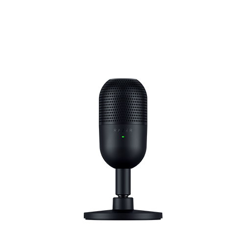 Black Razer Seiren V3 Mini USB condenser microphone on its shock absorber stand