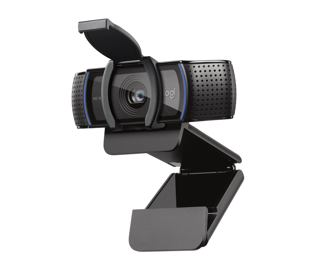 Black Logitech C920s PRO Full HD webcam facing forward with privacy shutter