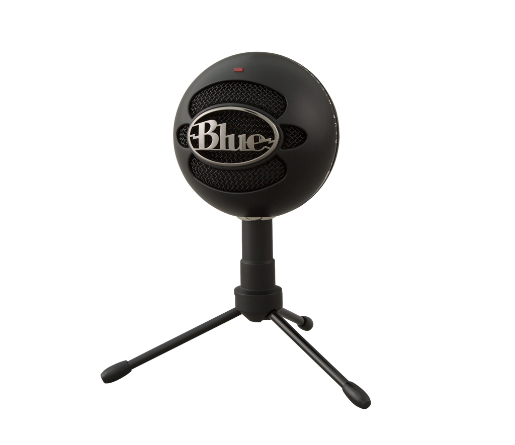 Black Logitech Snowball iCE USB microphone on its adjustable desktop stand