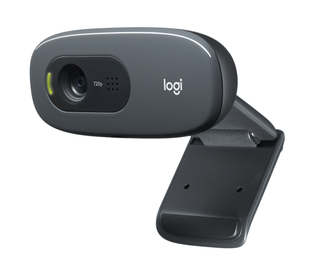 Black Logitech C270 HD webcam facing forward on its universal clip