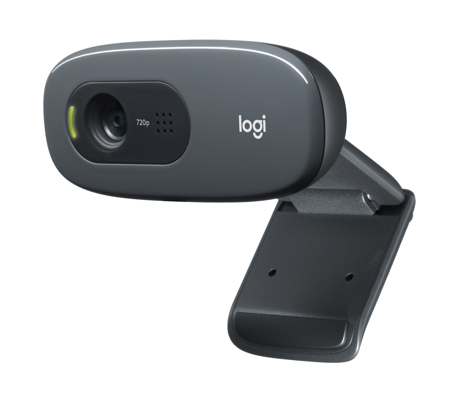 Black Logitech C270 HD webcam facing forward on its universal clip
