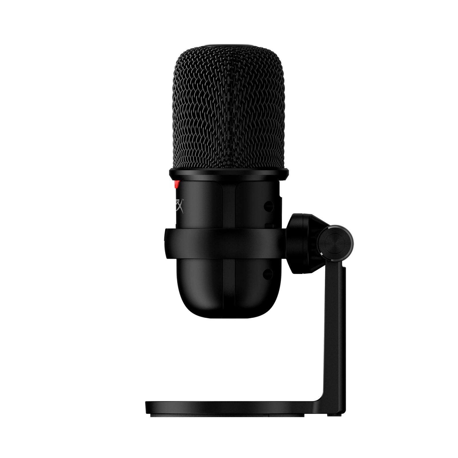 Black HyperX SoloCast USB-C Cardioid Microphone with Tap-to-Mute — three-quarter