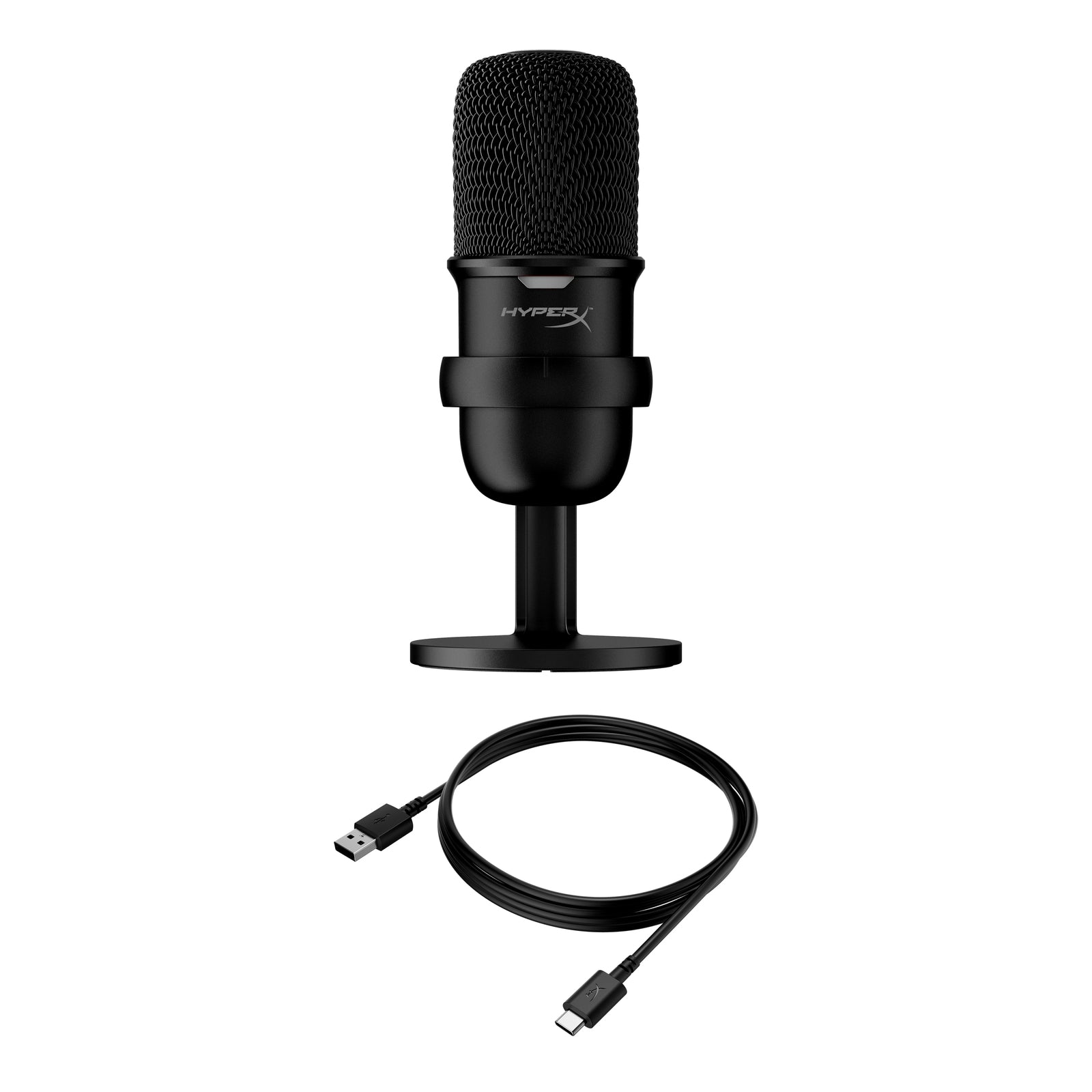 Black HyperX SoloCast USB-C Cardioid Microphone with Tap-to-Mute — included-items