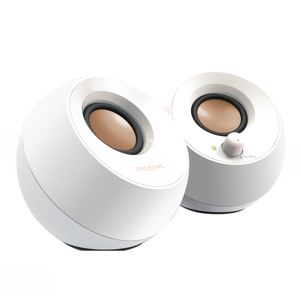 White Creative Pebble 2.0 USB Desktop Speakers — three-quarter