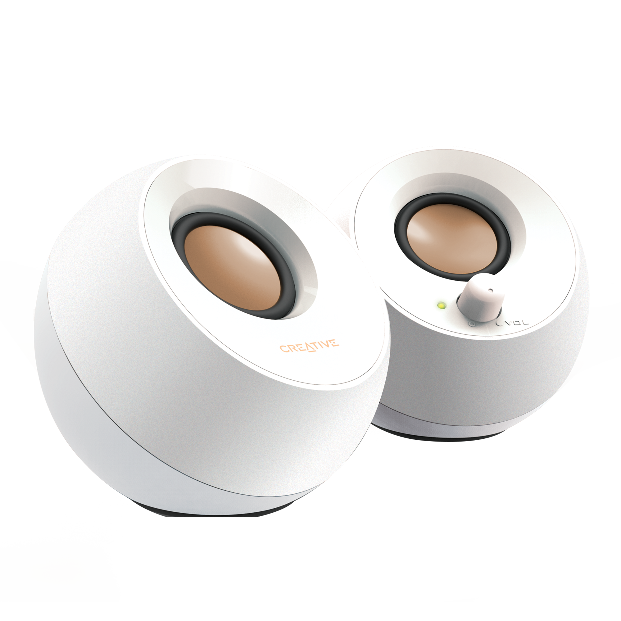 White Creative Pebble 2.0 USB Desktop Speakers — three-quarter