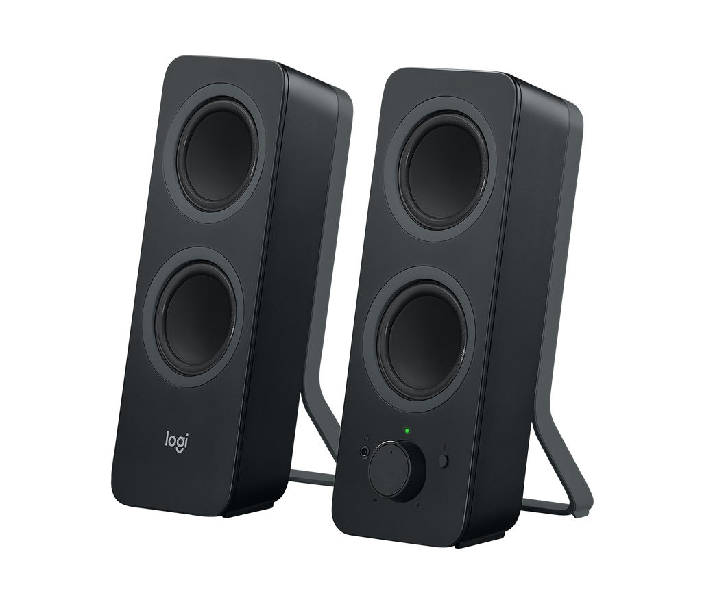 Black Logitech Z207 Bluetooth stereo computer speaker pair viewed from the front