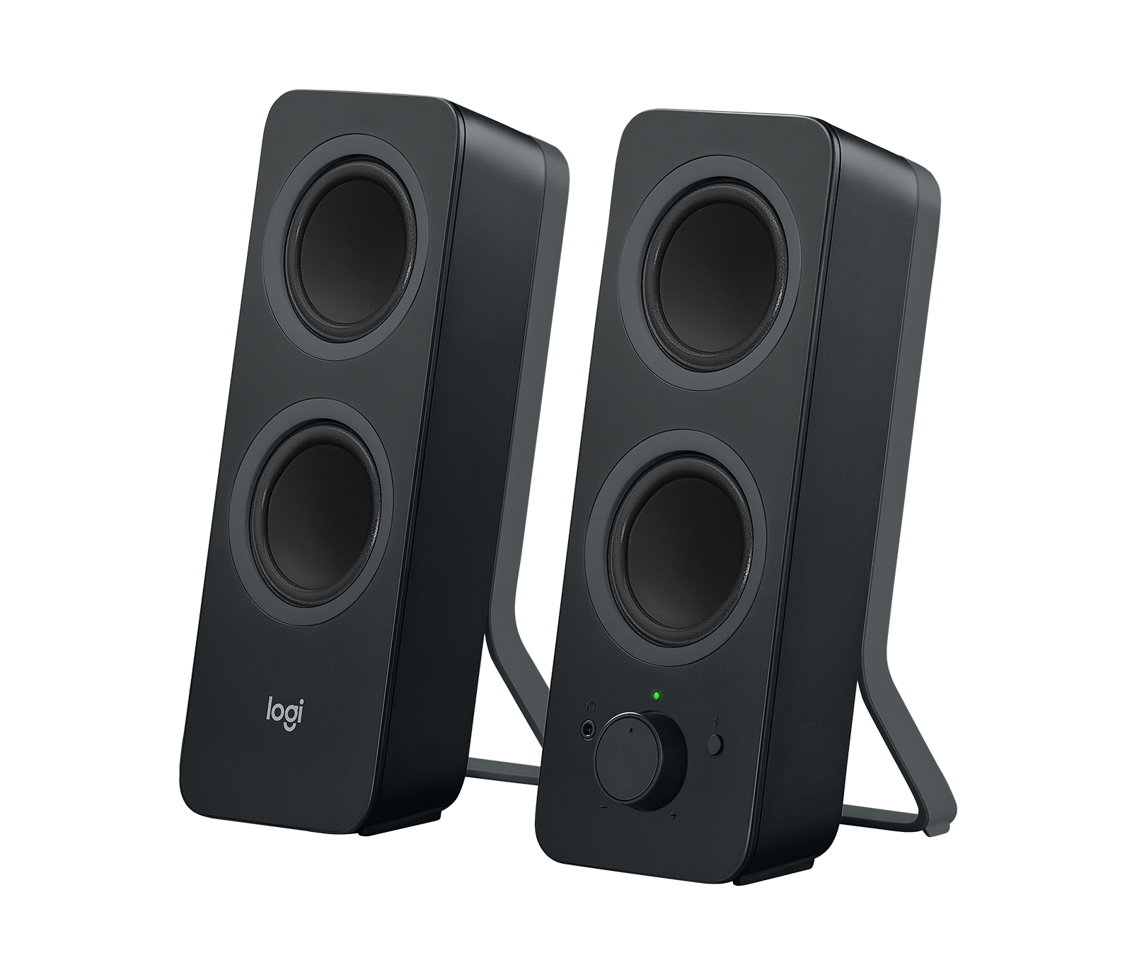 Black Logitech Z207 Bluetooth stereo computer speaker pair viewed from the front