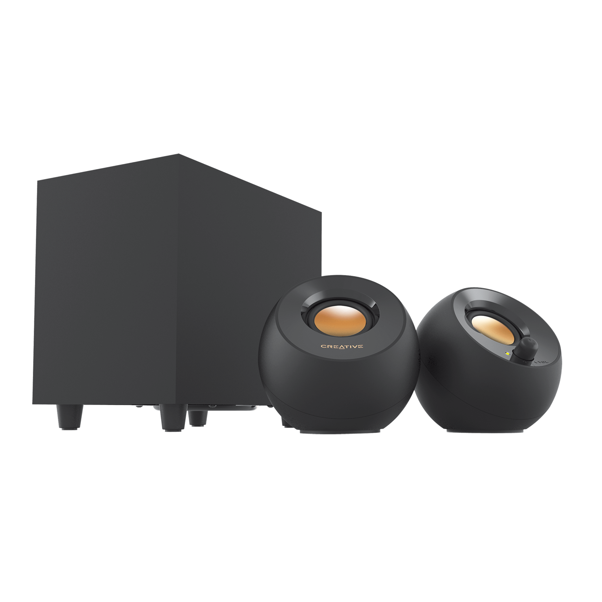Black Creative Pebble Plus 2.1 USB desktop speaker system with both satellites and subwoofer