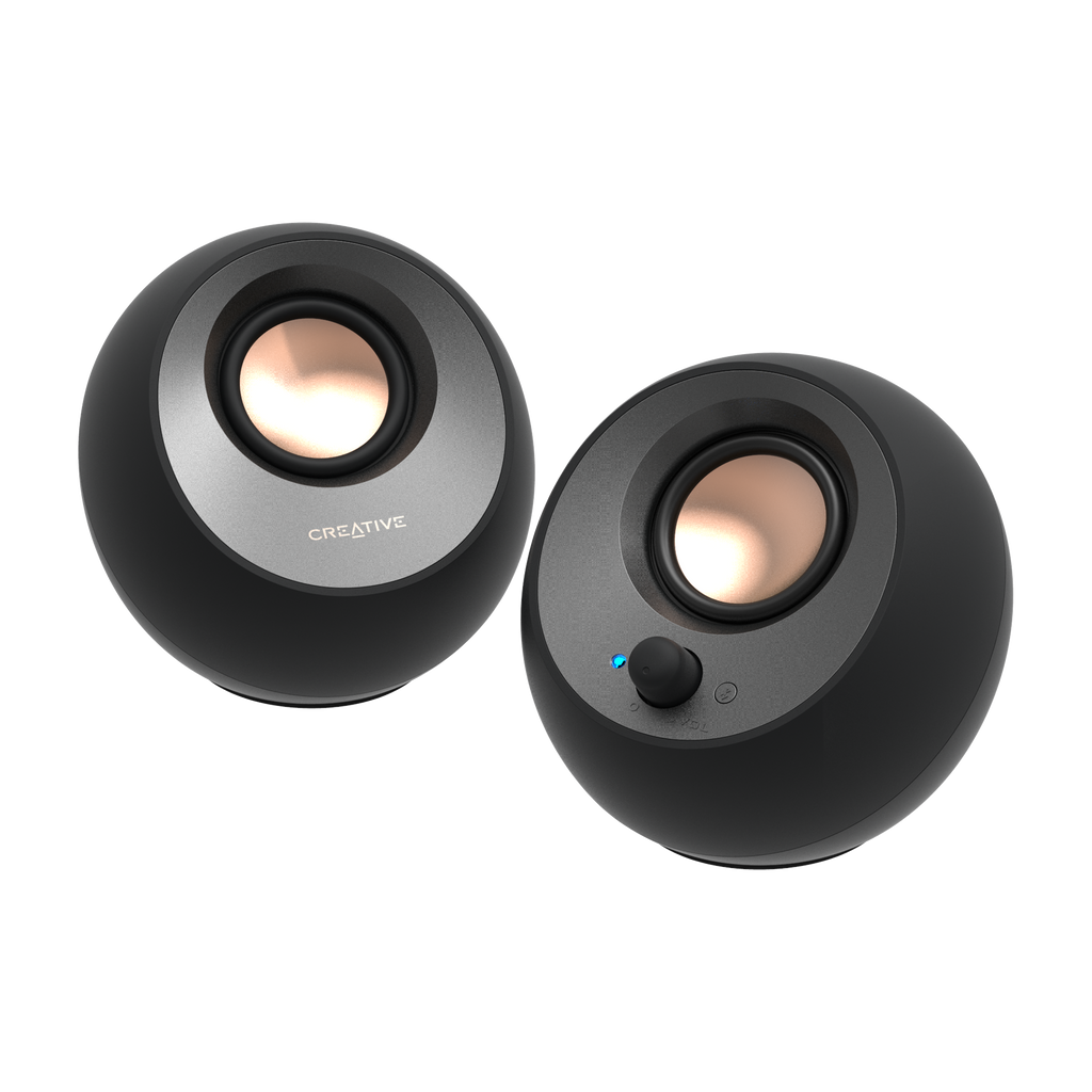Black Creative Pebble V3 USB-C Bluetooth desktop speaker pair viewed from the front
