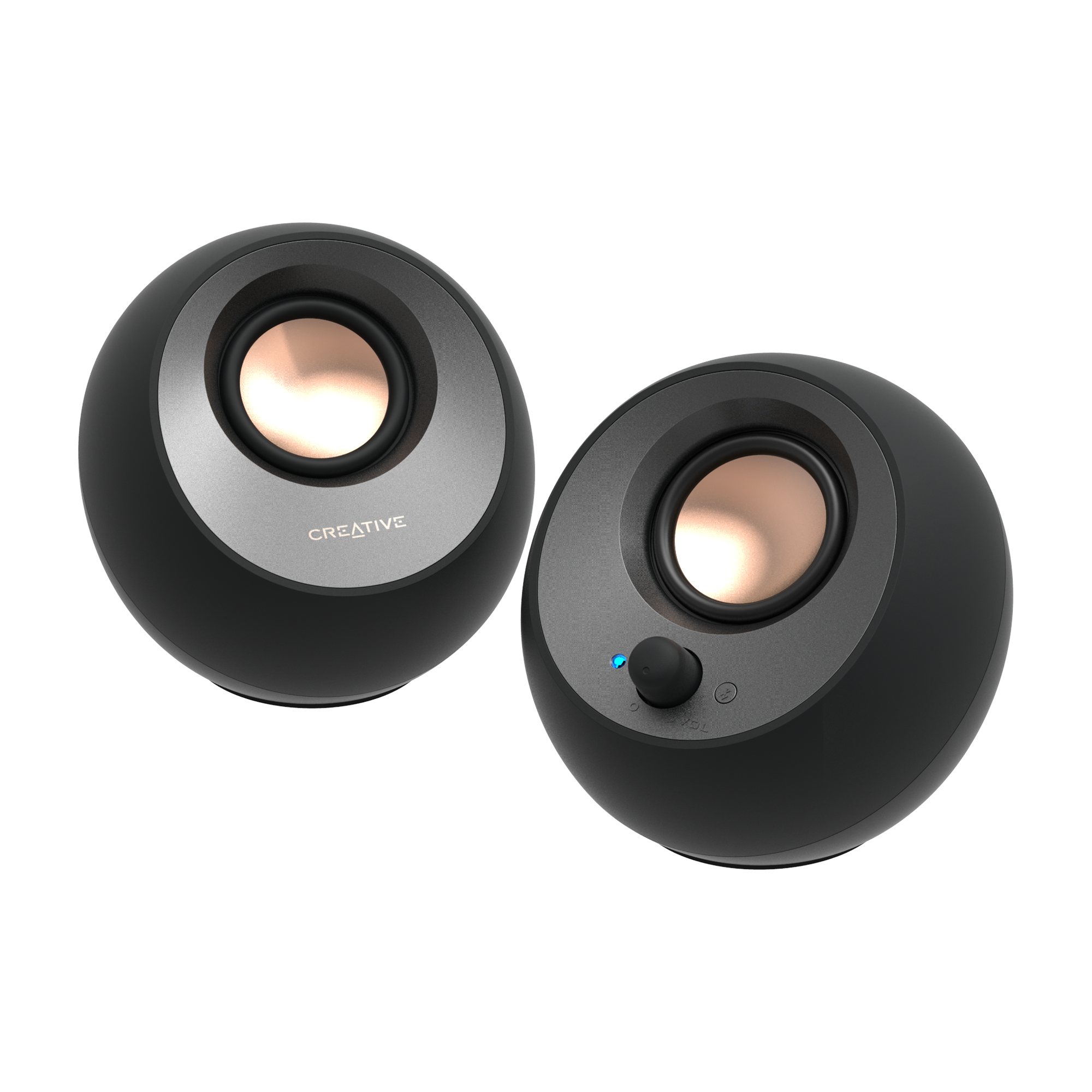 Black Creative Pebble V3 USB-C Bluetooth desktop speaker pair viewed from the front