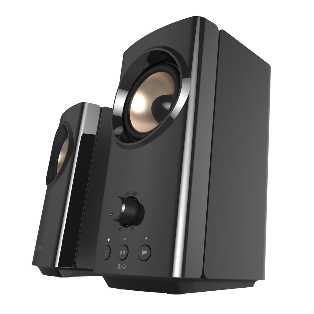 Black Creative T60 paired desktop speakers shown from a front three-quarter angle