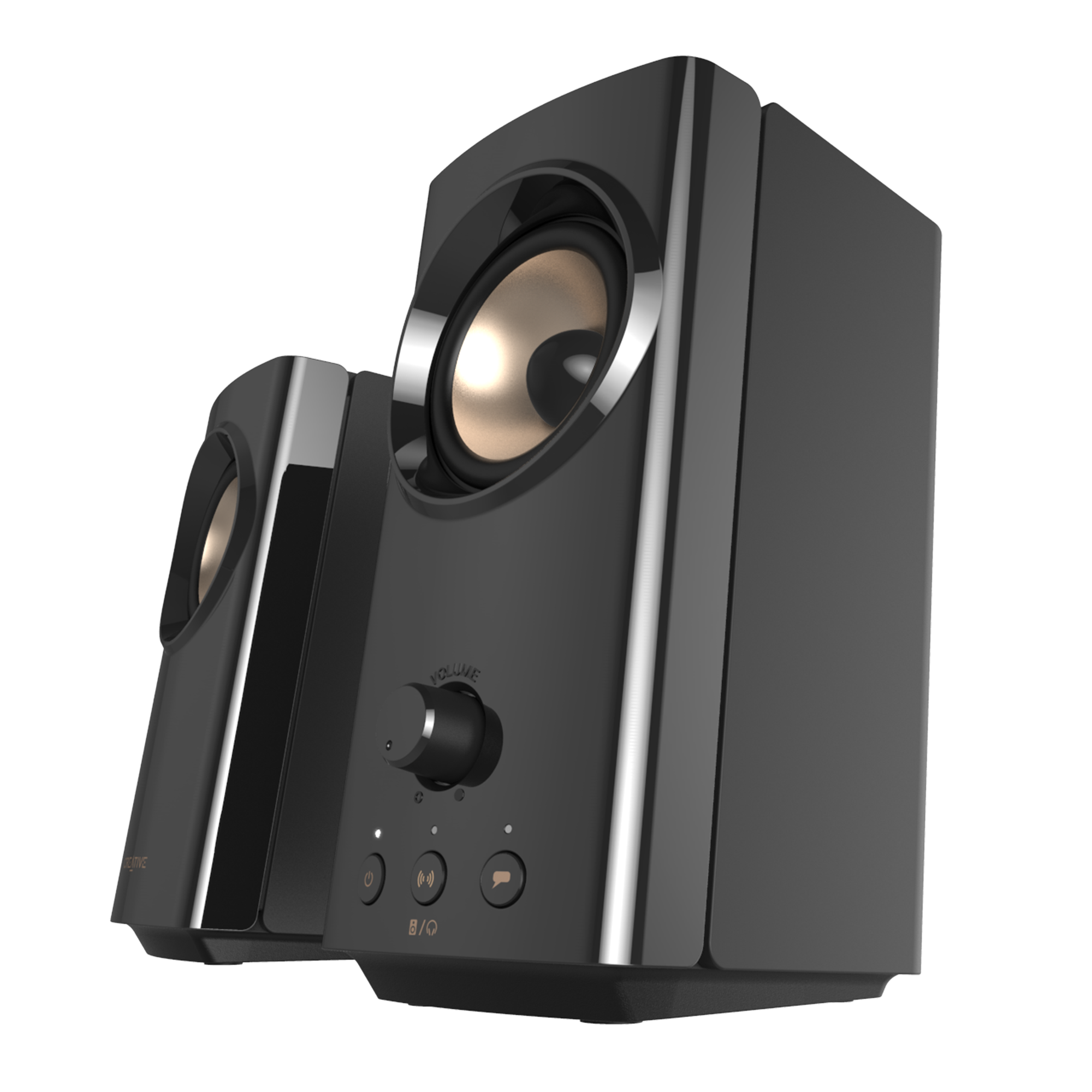Black Creative T60 paired desktop speakers shown from a front three-quarter angle