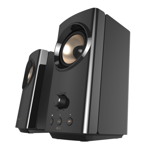 Black Creative T60 paired desktop speakers shown from a front three-quarter angle