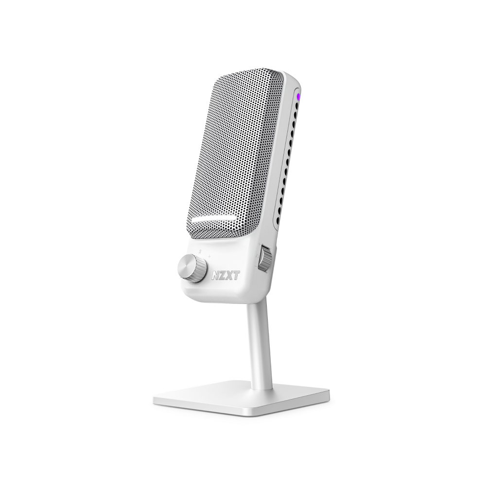 White NZXT Capsule Elite USB gaming microphone with rear RGB lighting