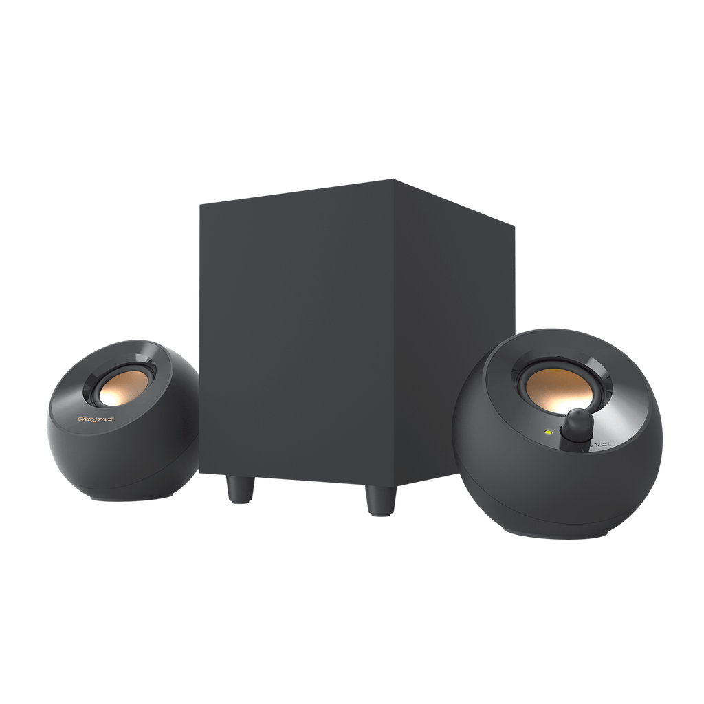 Black Creative Pebble Plus 2.1 USB Desktop Speakers with Subwoofer — three-quarter