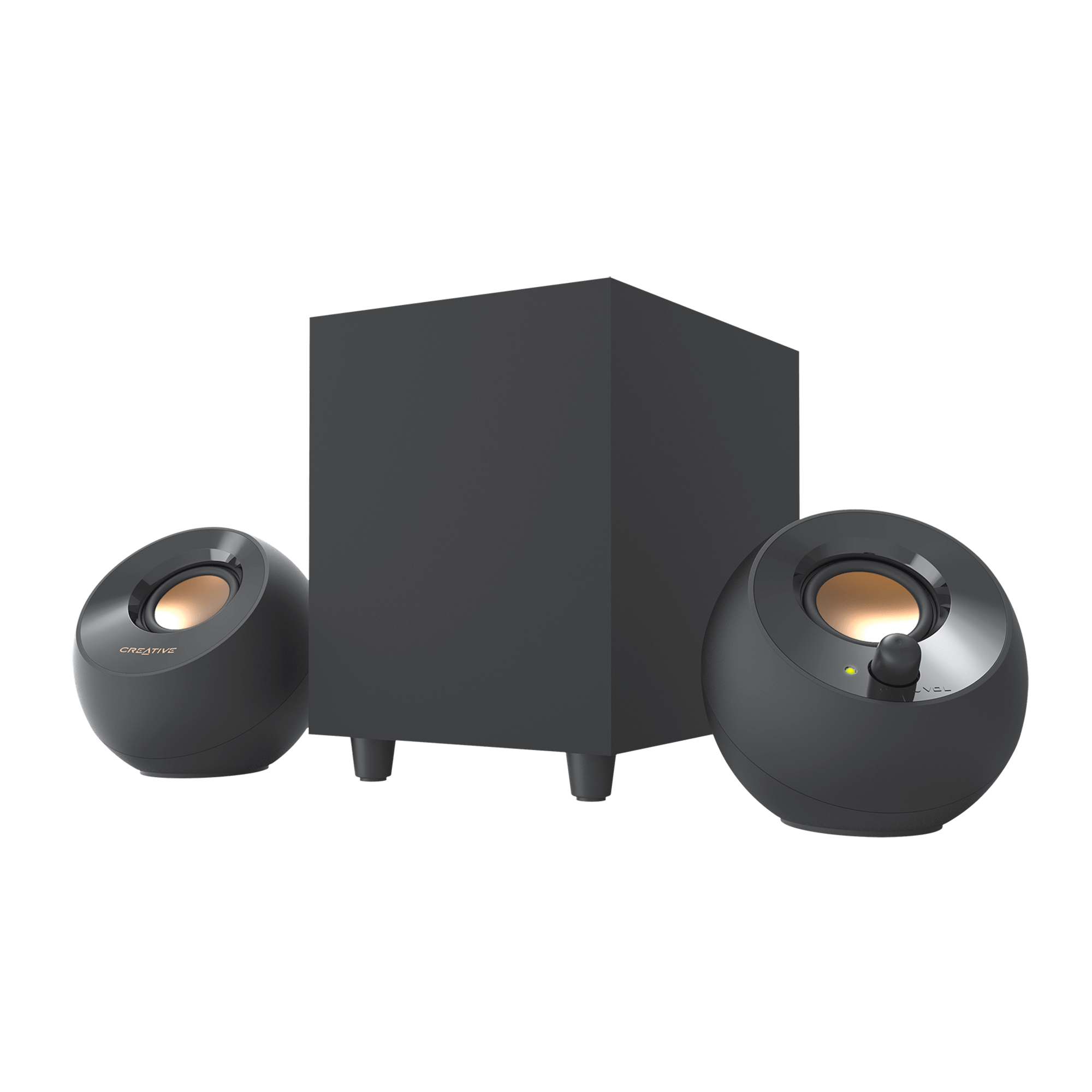 Black Creative Pebble Plus 2.1 USB Desktop Speakers with Subwoofer — three-quarter