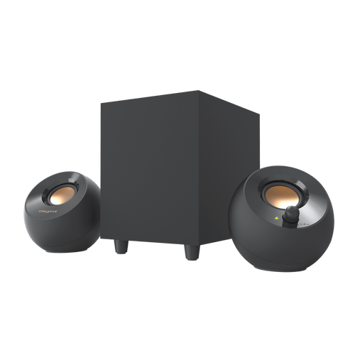 Black Creative Pebble Plus 2.1 USB Desktop Speakers with Subwoofer — three-quarter