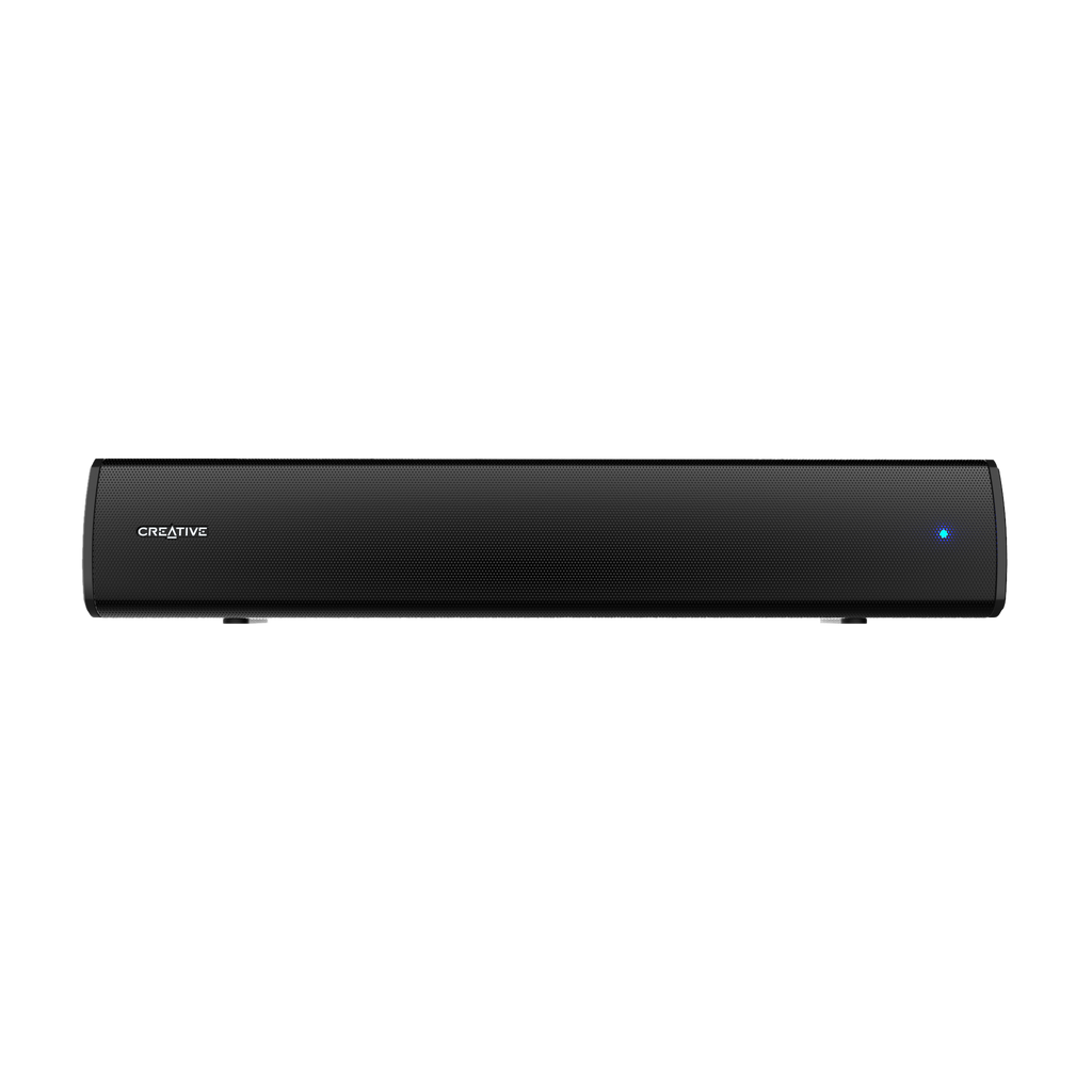 Creative Stage Air V2 compact Black soundbar positioned below a monitor