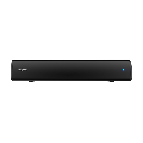 Creative Stage Air V2 compact Black soundbar positioned below a monitor