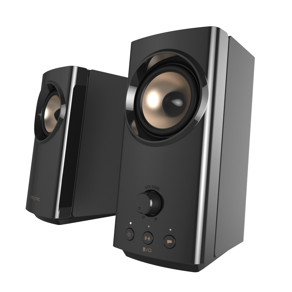 Black Creative T60 Compact Hi-Fi Desktop Speakers — three-quarter