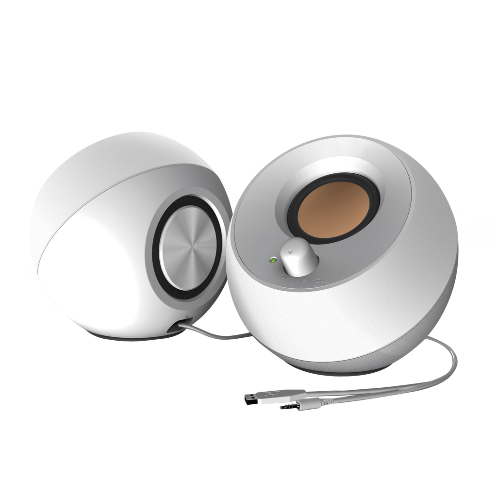 White Creative Pebble 2.0 USB desktop speaker pair viewed from the front
