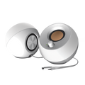 White Creative Pebble 2.0 USB desktop speaker pair viewed from the front