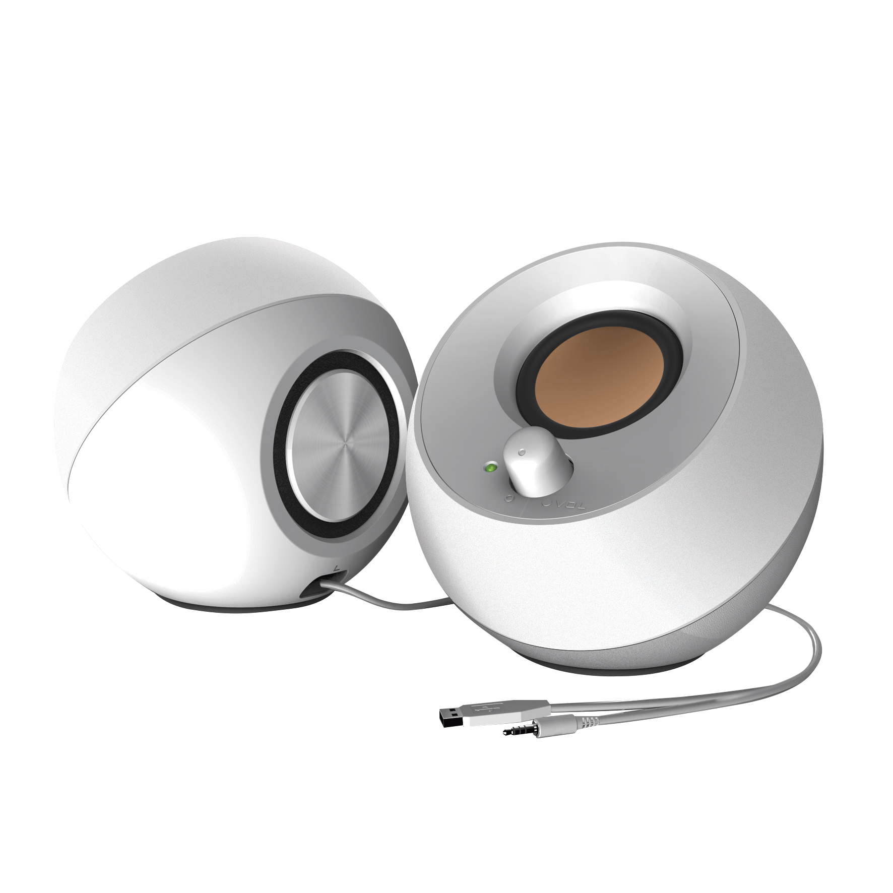 White Creative Pebble 2.0 USB desktop speaker pair viewed from the front