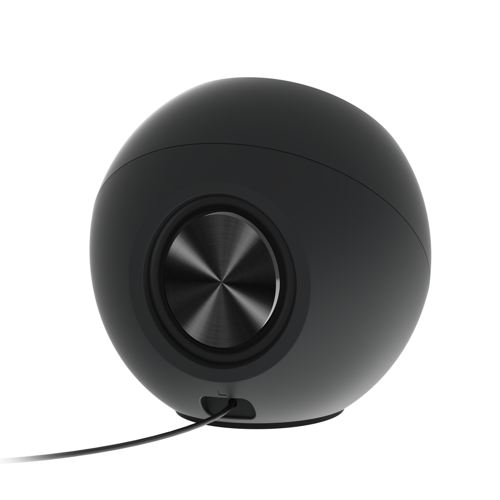 Black Creative Pebble V2 USB-C desktop speaker pair shown from a three-quarter front angle