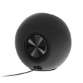 Black Creative Pebble V2 USB-C desktop speaker pair shown from a three-quarter front angle
