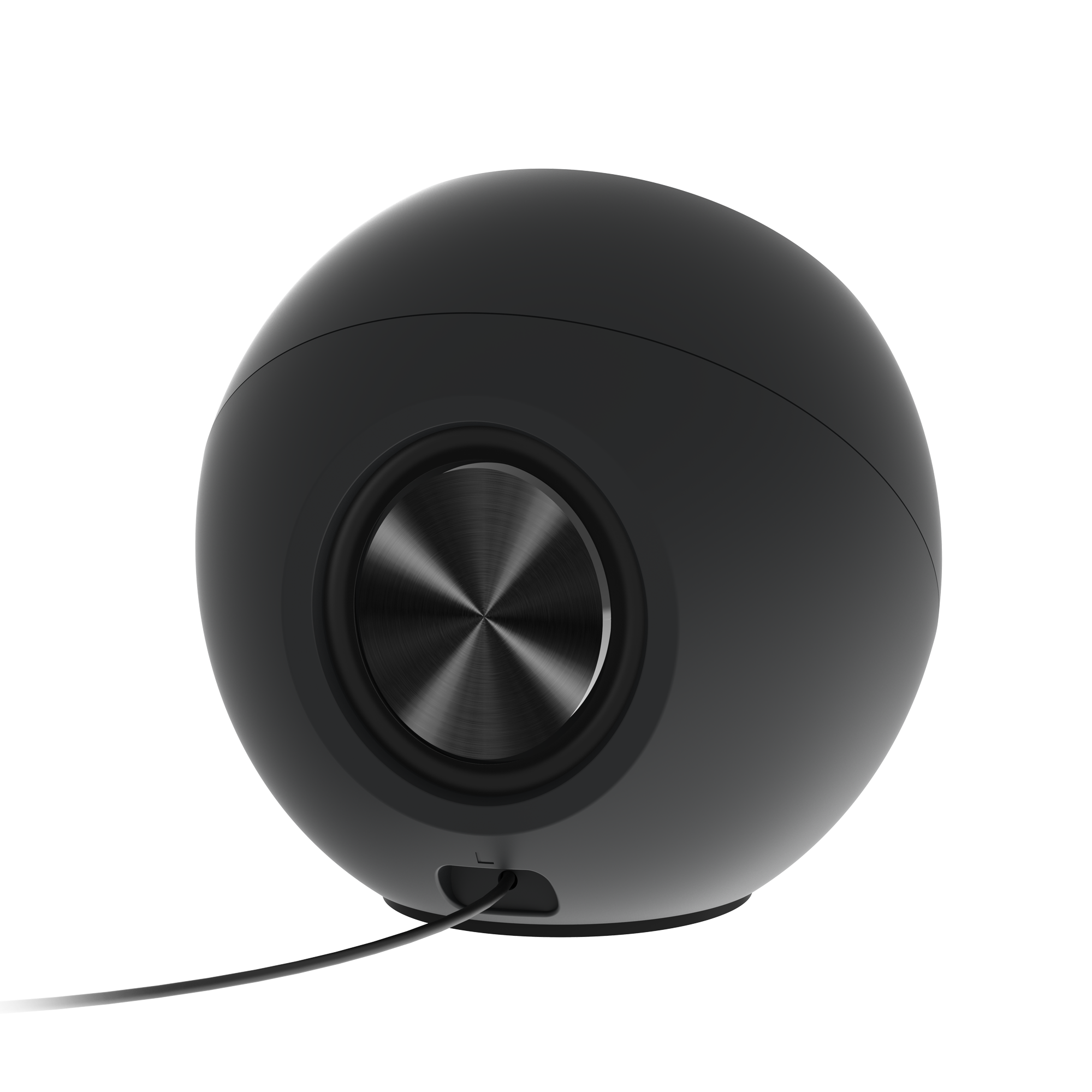 Black Creative Pebble V2 USB-C desktop speaker pair shown from a three-quarter front angle