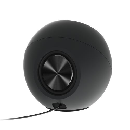 Black Creative Pebble V2 USB-C desktop speaker pair shown from a three-quarter front angle