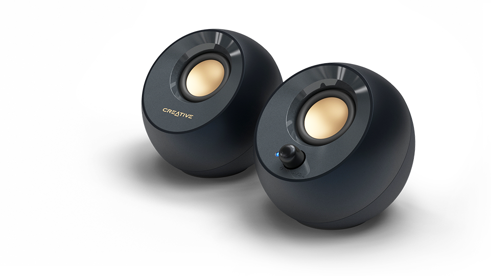 Black Creative Pebble V2 USB-C Desktop Speakers with Gain Switch — three-quarter
